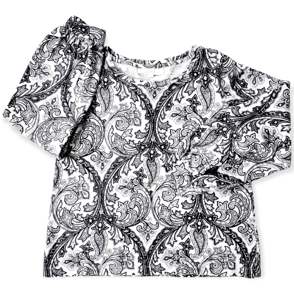 LOFT Gray Puffed Sleeve Paisley Terry Cloth Sweatshirt